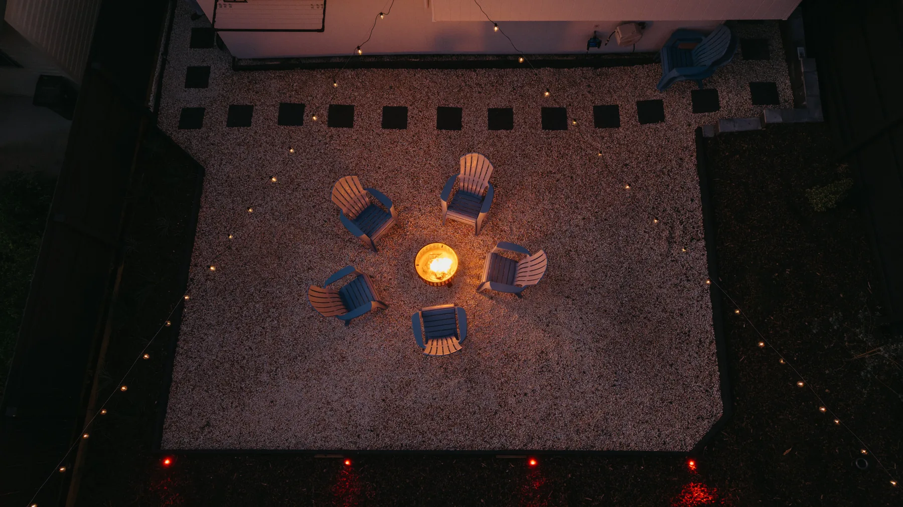 Aerial view of the fire-pit courtyard at night
